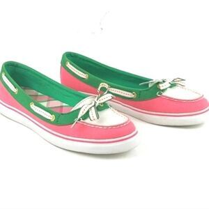 🩵Sperry "Hailey" Pink & Green Top Sider Slip-on Boat Shoes Size 8